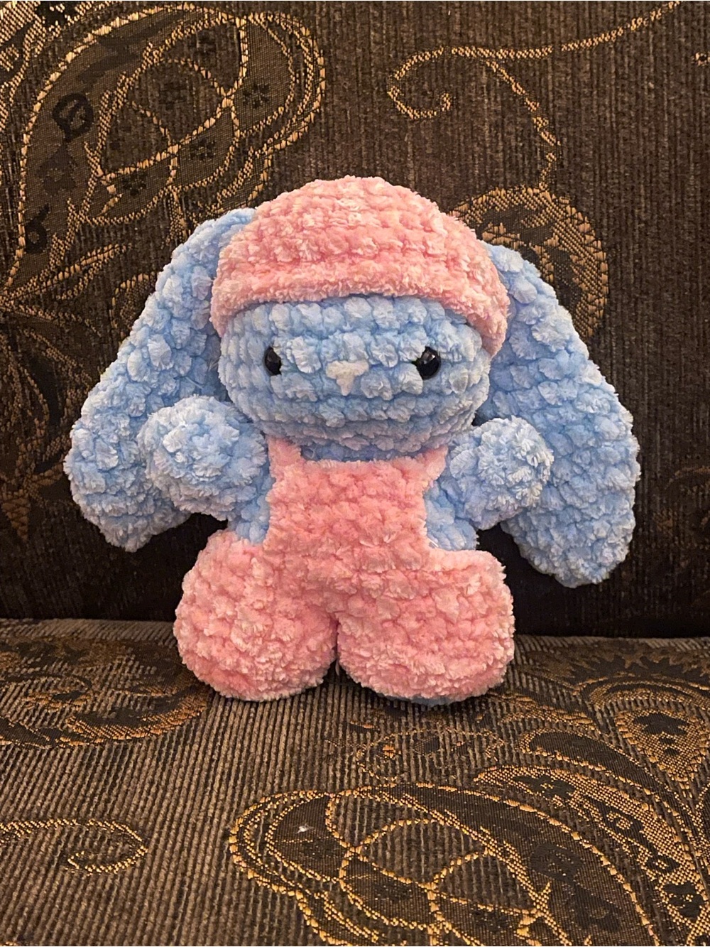 Handmade Crochet Blue Bunny in Pink Overalls and Beanie Plushy Stuffed Plush